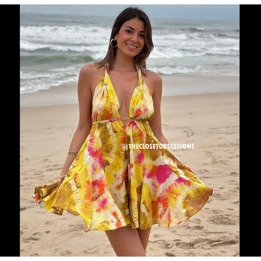 ZARA Yellow Floral Halter Mini Dress Open Back Resort Vacation Sundress NWT